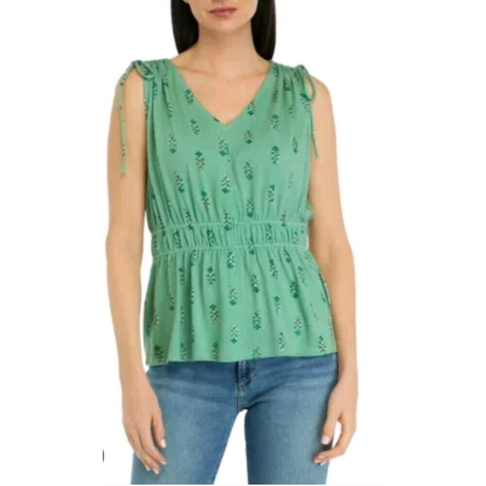 Wonderly Green Bohemia Shoulder Tie Printed Peplum Tank Top Large